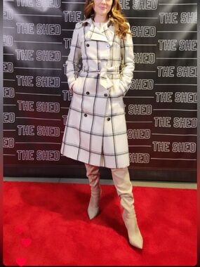 Plaid Check Wool Mix Double-Breasted Belted Trench Coat - White/Black